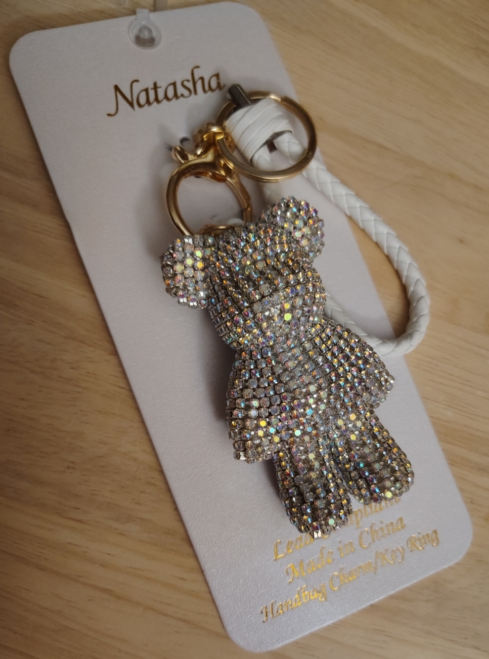 Natasha Iridescent Crystal Sparkling Teddy Bear Gold Keychain Clip Bag Accessory